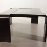 Rectangle Black Lacquered Plywood Coffee Table with Smoked Glass Panel 70s