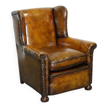 Fauteuil de Lecture en Cuir Marron Teint à la Main de l'époque Victorienne