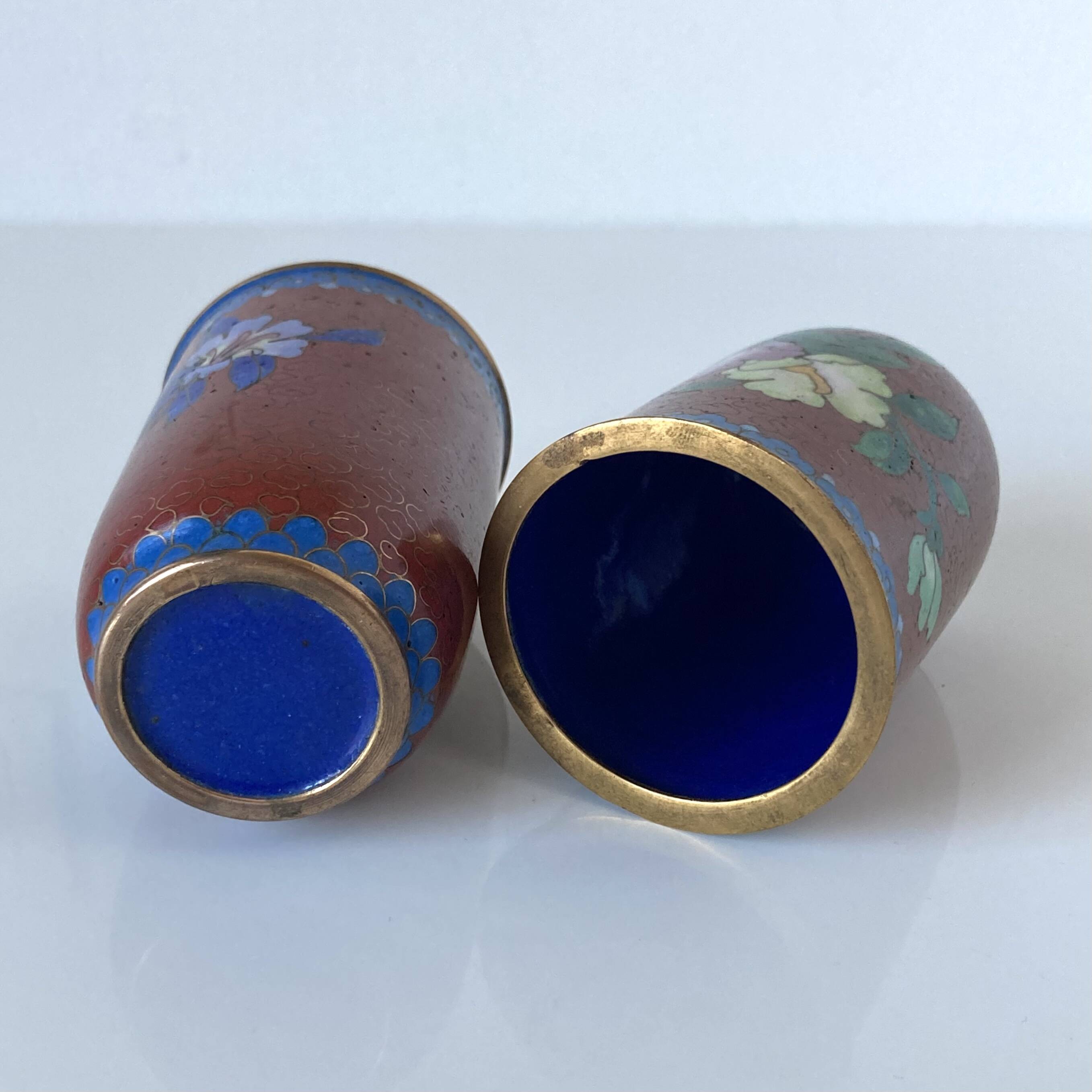 Two miniature vases in gilded copper and polychrome cloisonné enamels. Vintage Chinese work.