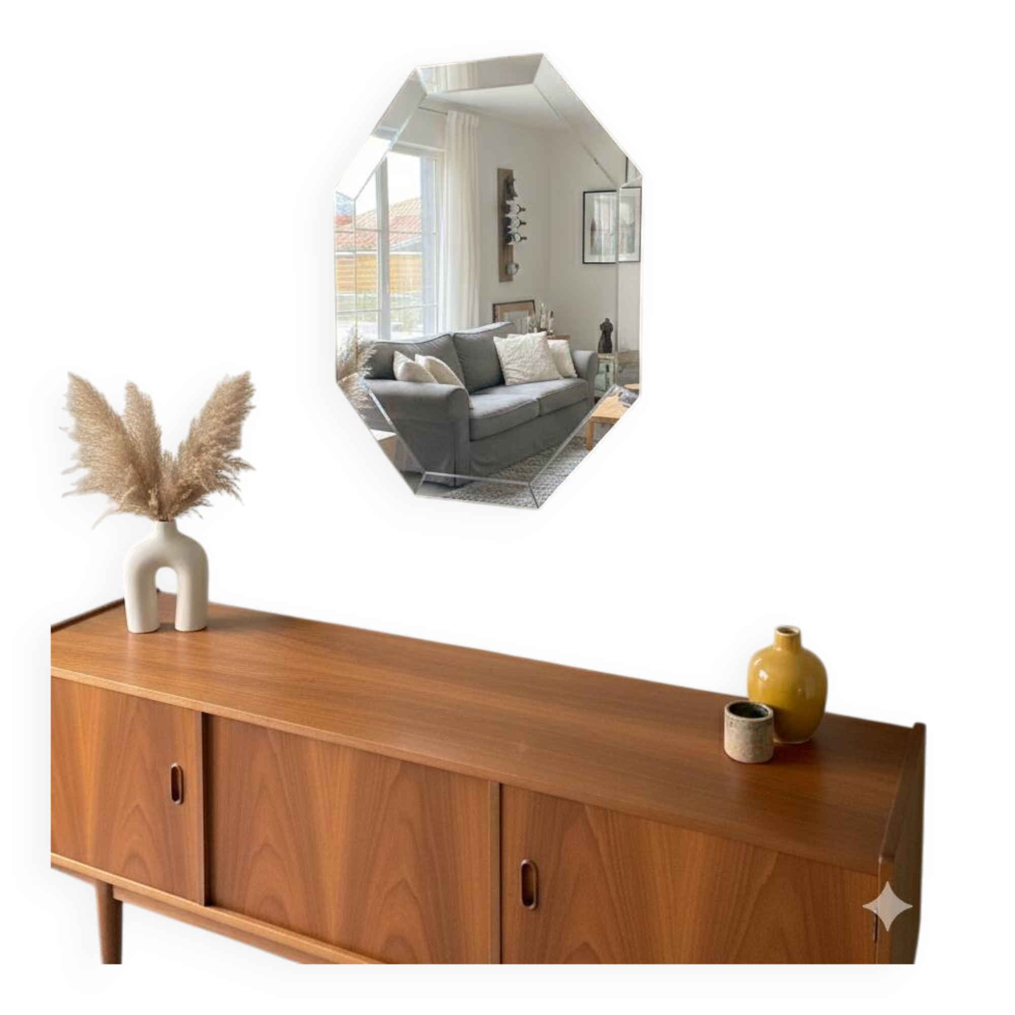 Modernist Octagonal Mirror – Art Glass & Wide Bevel – 1950s/60s