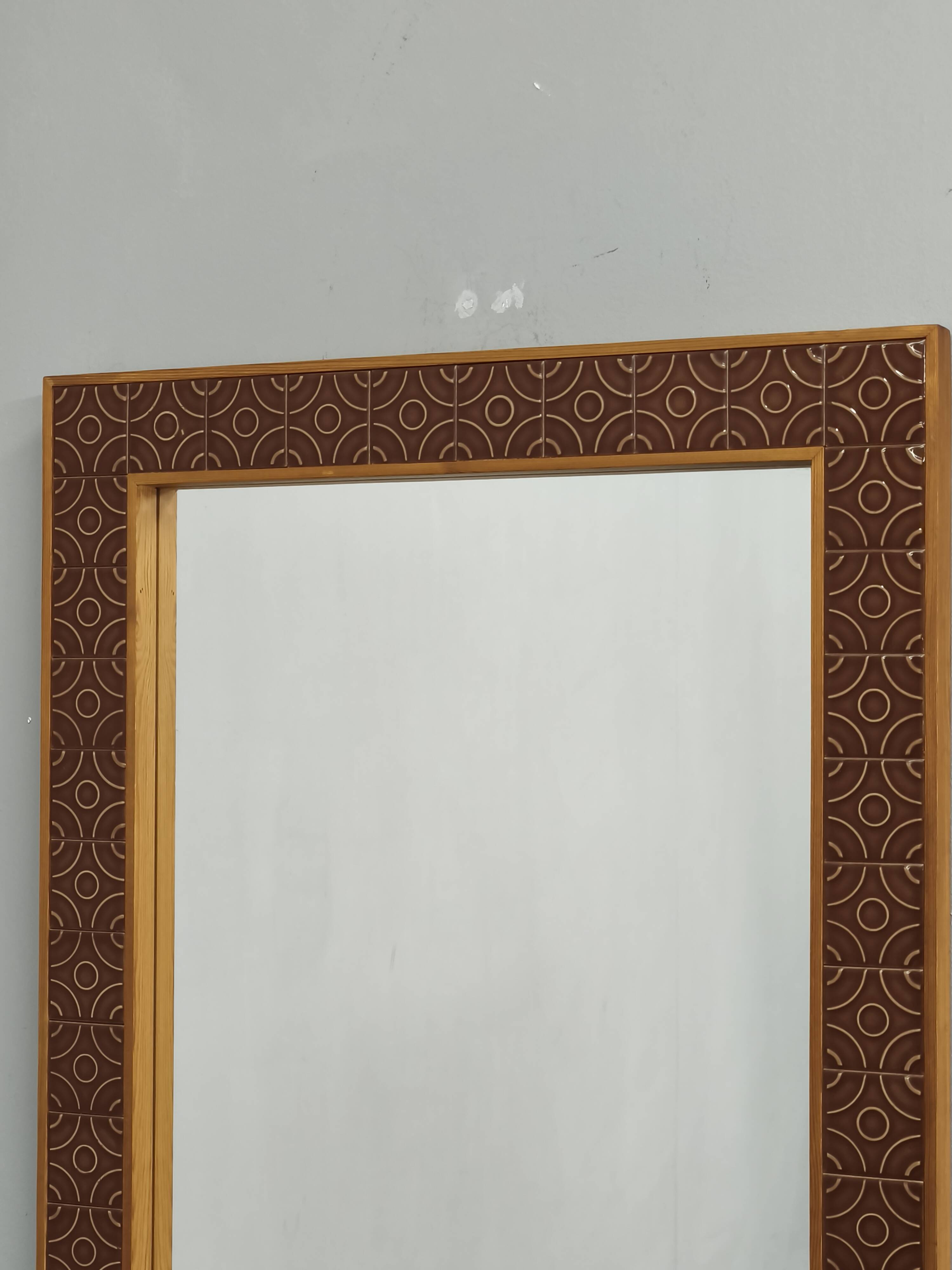 Danish Pine and Ceramic Tile Wall Mirror, 1960s