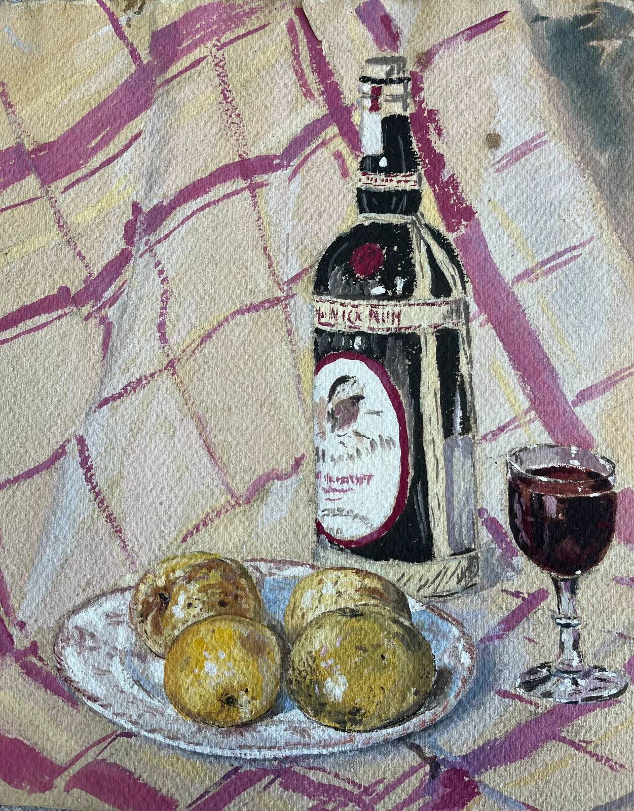Tableau Aquarelle 1937 "Nature morte : Pommes et rhum"