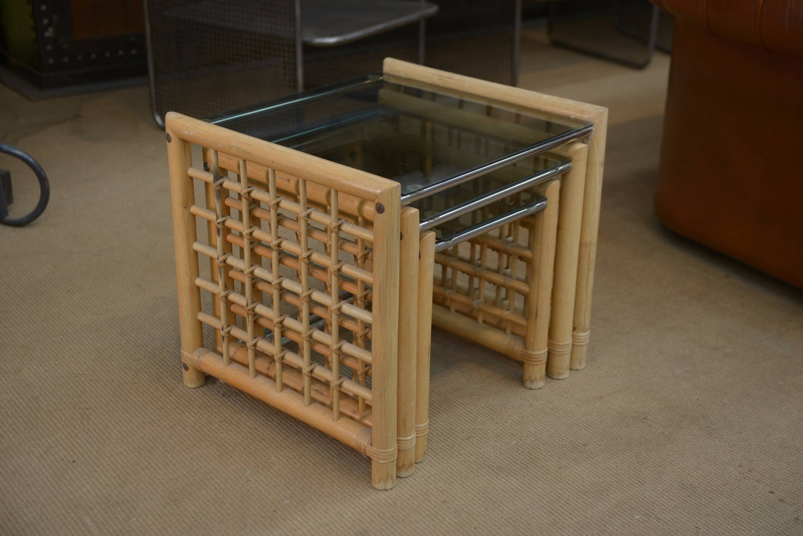 Set of 3 bamboo nesting tables 1960