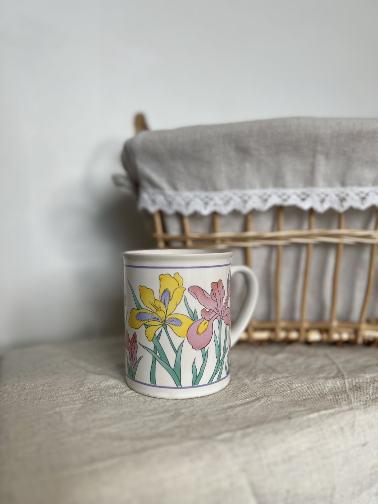 Vintage white porcelain mug or mug retro floral pattern
