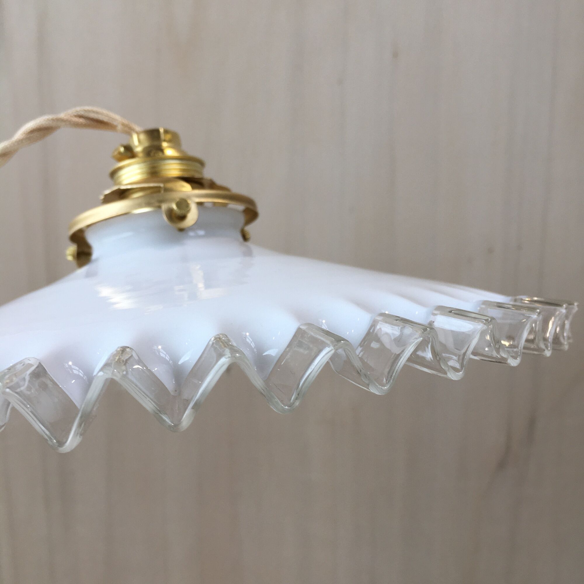 Pair of vintage white opaline pendant lamps and transparent serrated edges