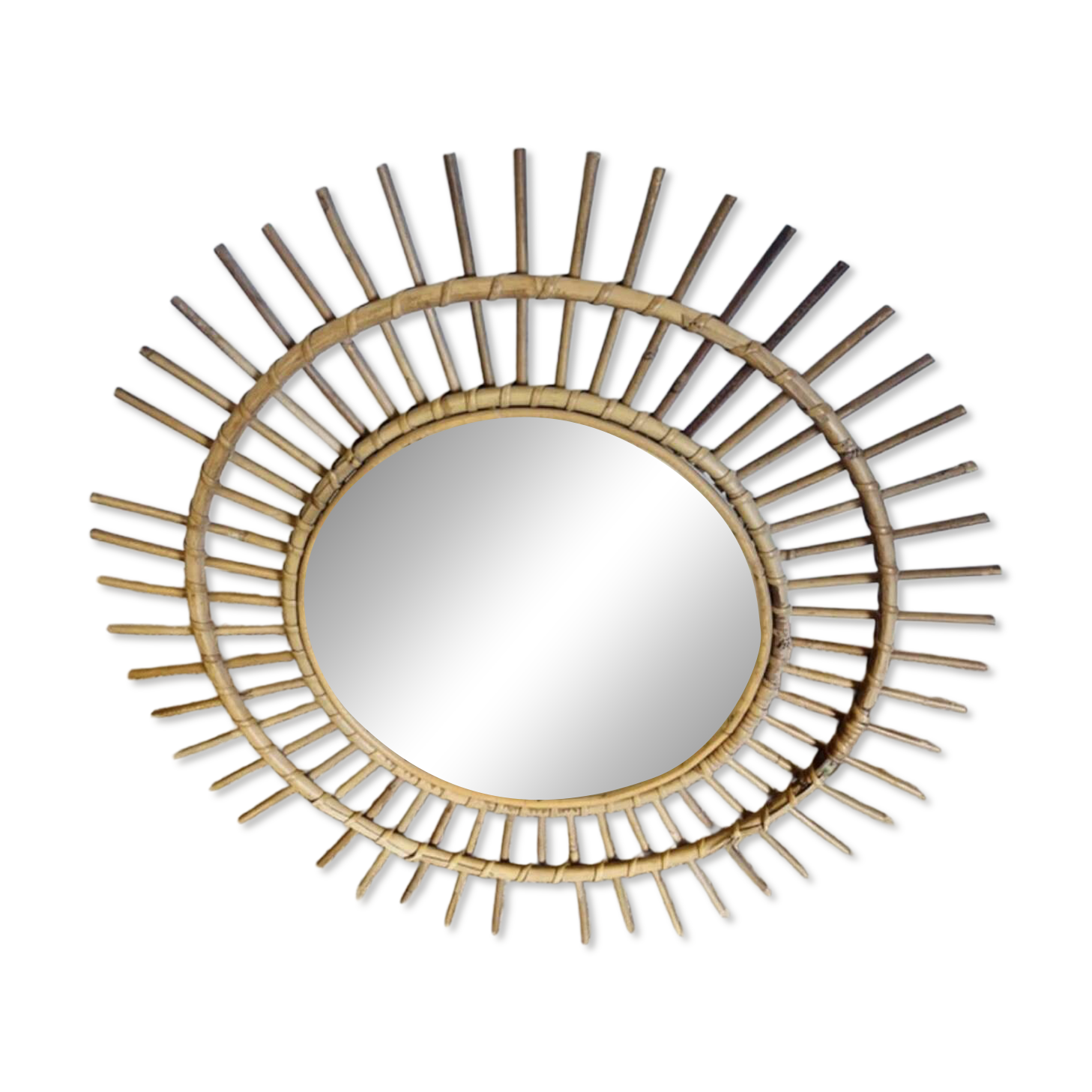 Miroir soleil en rotin tressé, années 60