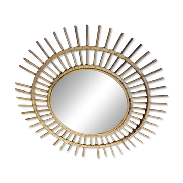 Miroir soleil en rotin tressé, années 60