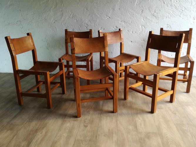 Suite de 6 chaises orme et cuir de la maison regain - circa 1960