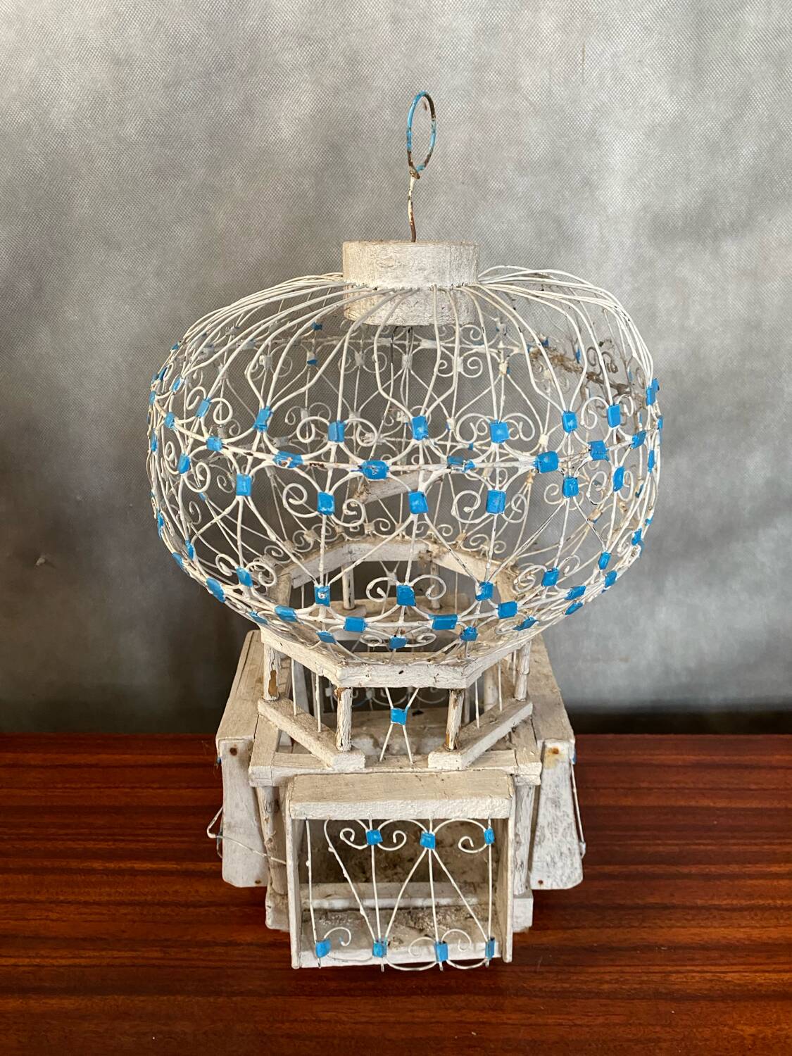 Old Bird Cage Hot Air Balloon Wood + Metal White Blue Vintage Deco