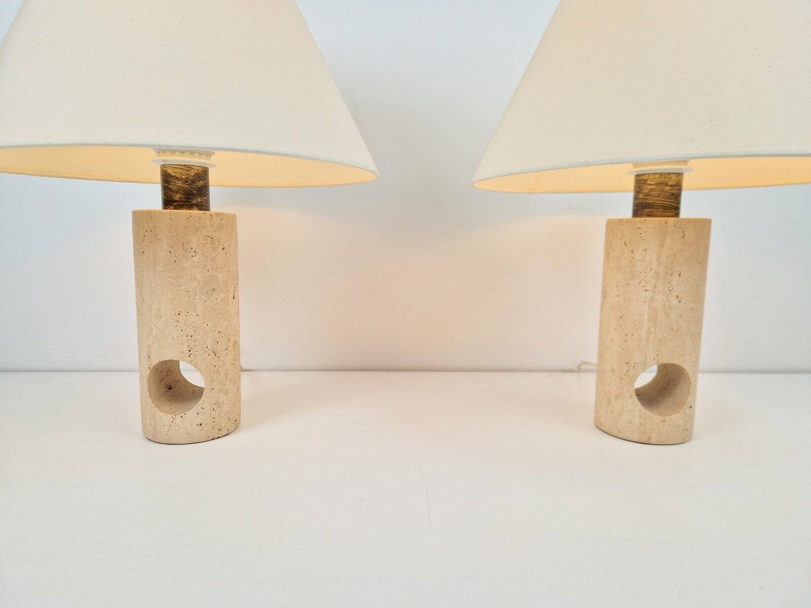 Vintage Travertine Brass Table Lamps attributed to Fratelli Mannelli, Italy, 1970s, Set of 2