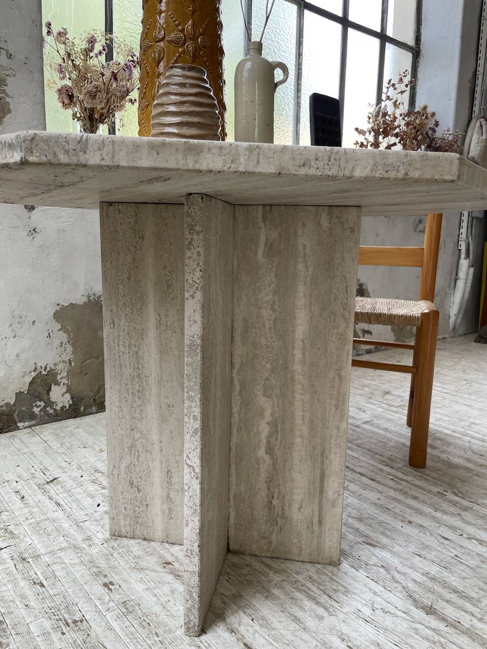 Octagonal travertine coffee table