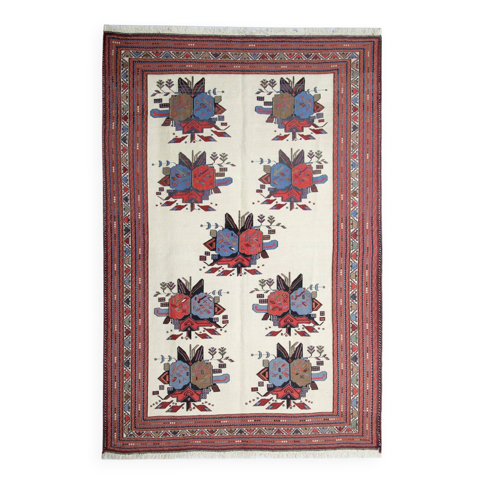 Afshar Sumakh Kilim Rug Cream Floral Design Handmade Wool 212x120cm