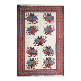 Afshar Sumakh Kilim Rug Cream Floral Design Handmade Wool 212x120cm