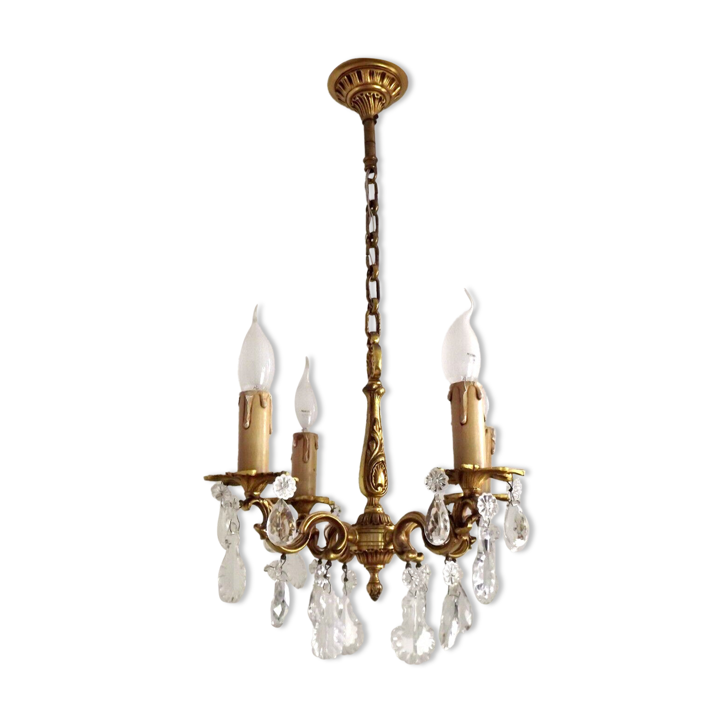 Vintage french brass 4 light chandelier assorted faceted crystal 4007