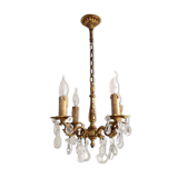 Vintage french brass 4 light chandelier assorted faceted crystal 4007