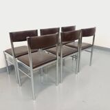 Set of 6 vintage chairs from the 70s in chrome metal and brown faux leather.