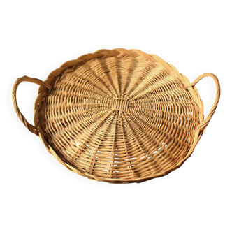 Round wicker tray with two vintage basketwork handles