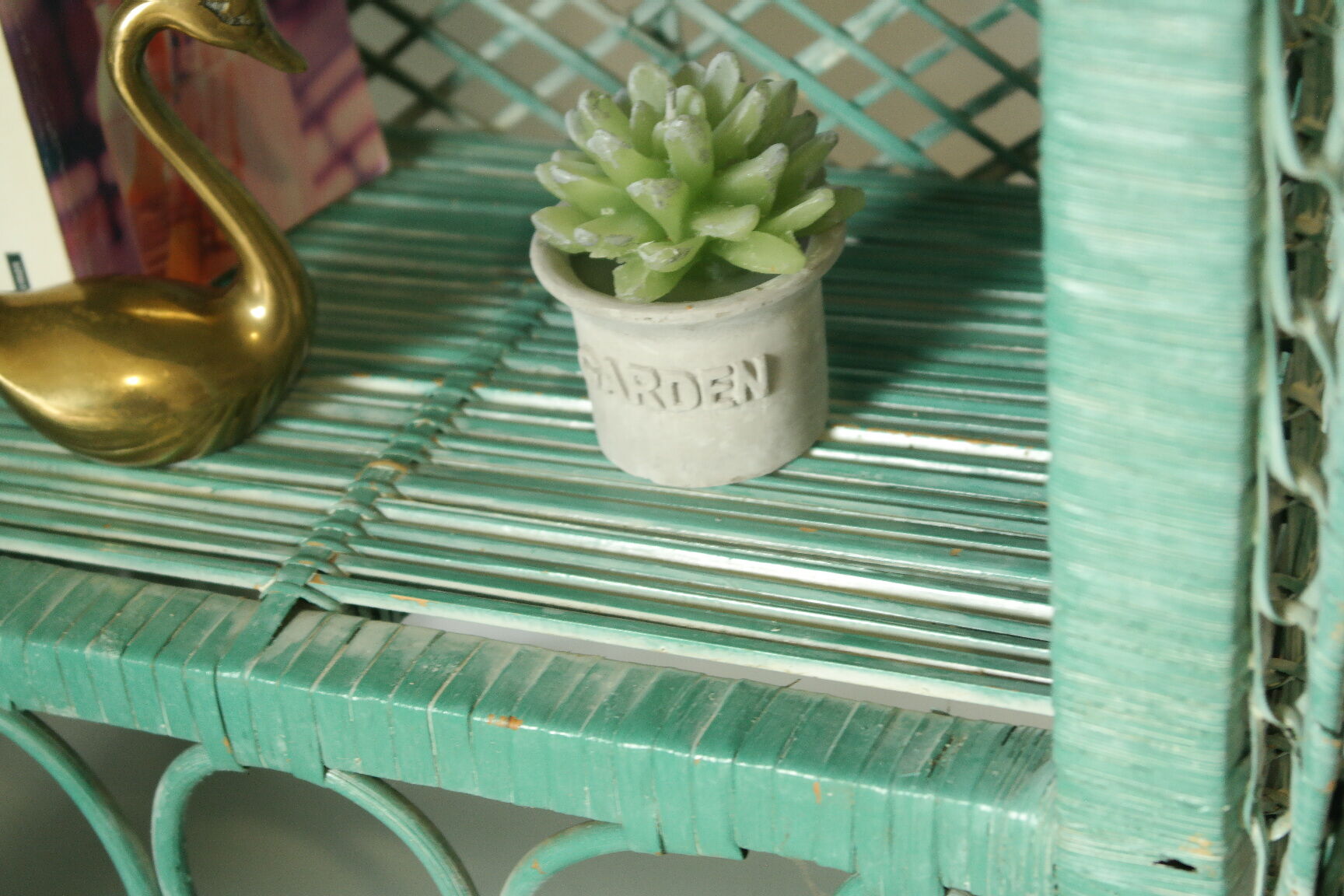 Vintage mint green wicker bookcase