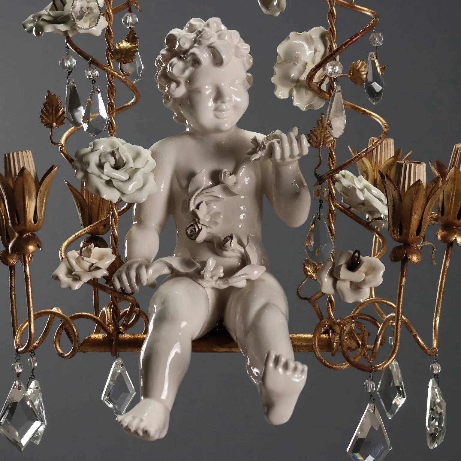 Antique chandelier in iron, gilded sheet metal and ceramic, Italy, 20th century