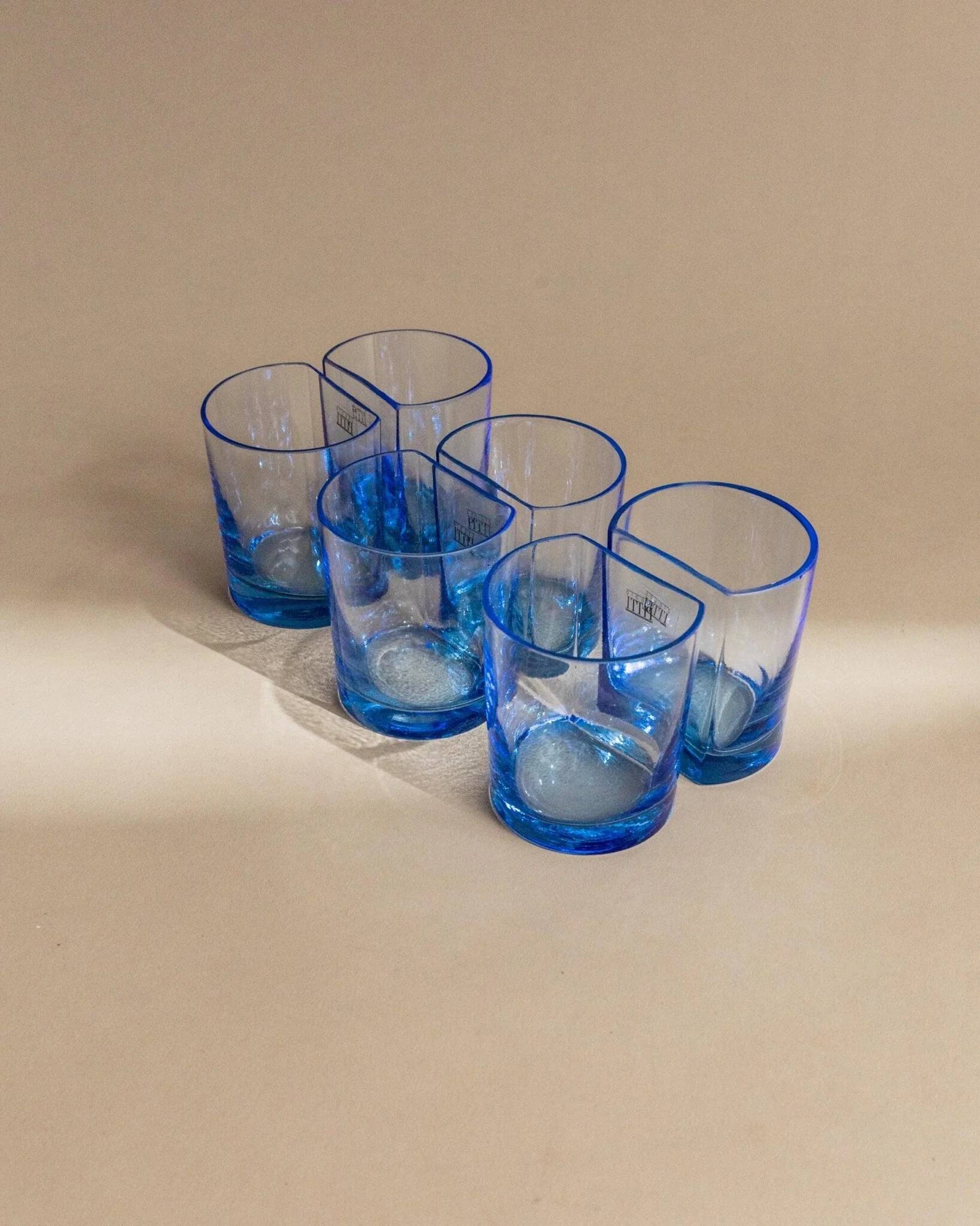 Six Blue Glass Tumblers by Pitti Studio - Vintage Italian Mid-Century Arched Glassware