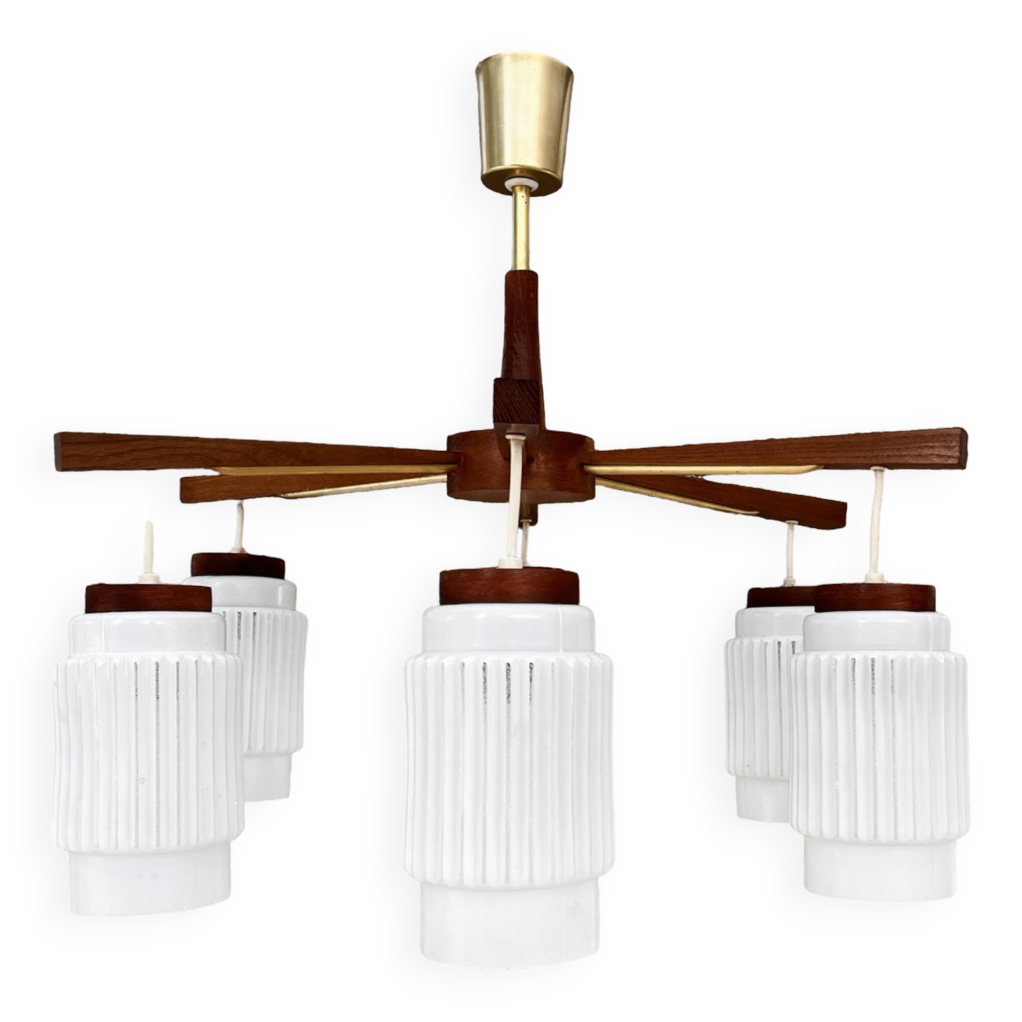 Scandinavian six-arm chandelier made of teak wood, Denmark, 1970s.