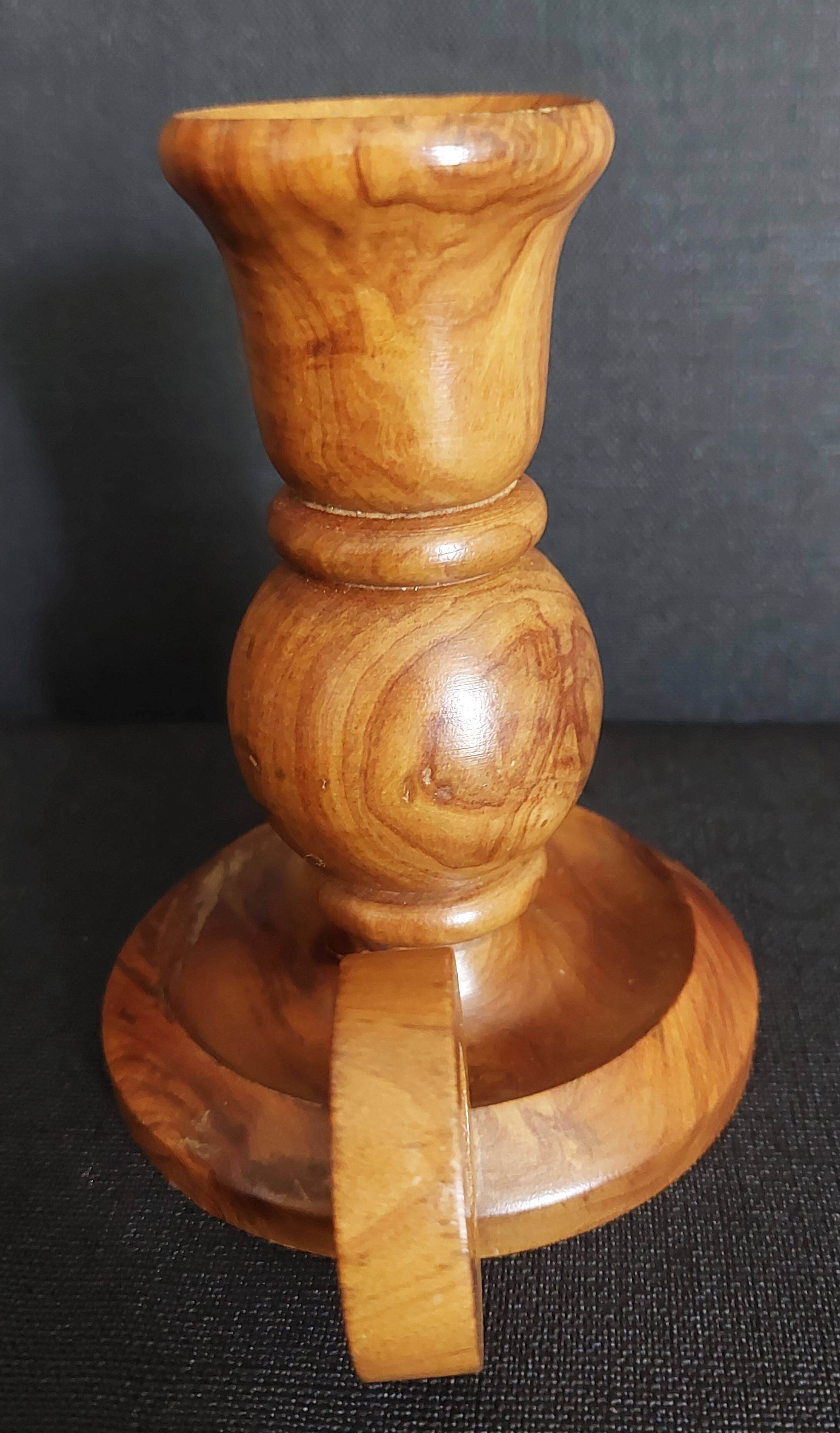 Vintage olive wood hand candle holder Oliv art made in Spain
