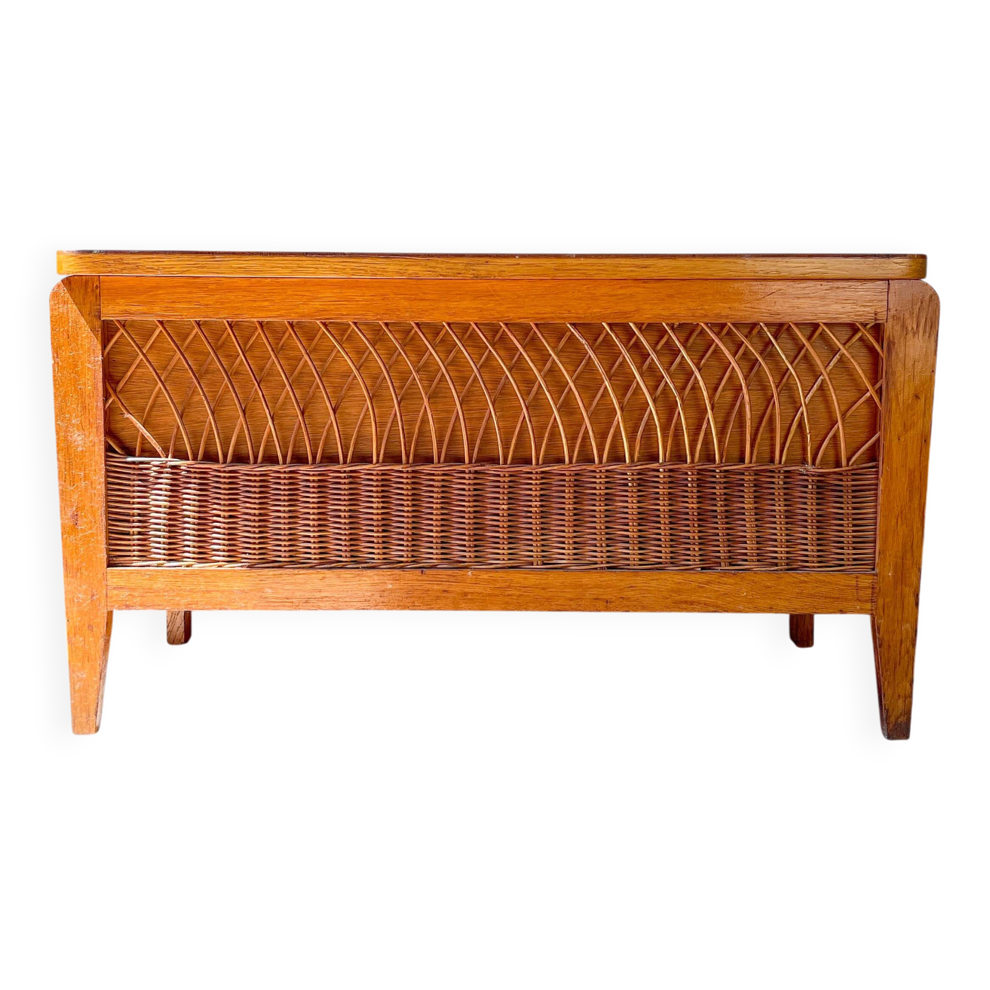 Vintage wooden and rattan storage bench – 1960s – Retro storage bench