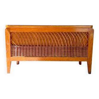 Vintage wooden and rattan storage bench – 1960s – Retro storage bench