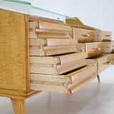 1960s italian sideboard/chest of drawers in high gloss finish with glass top and shelf