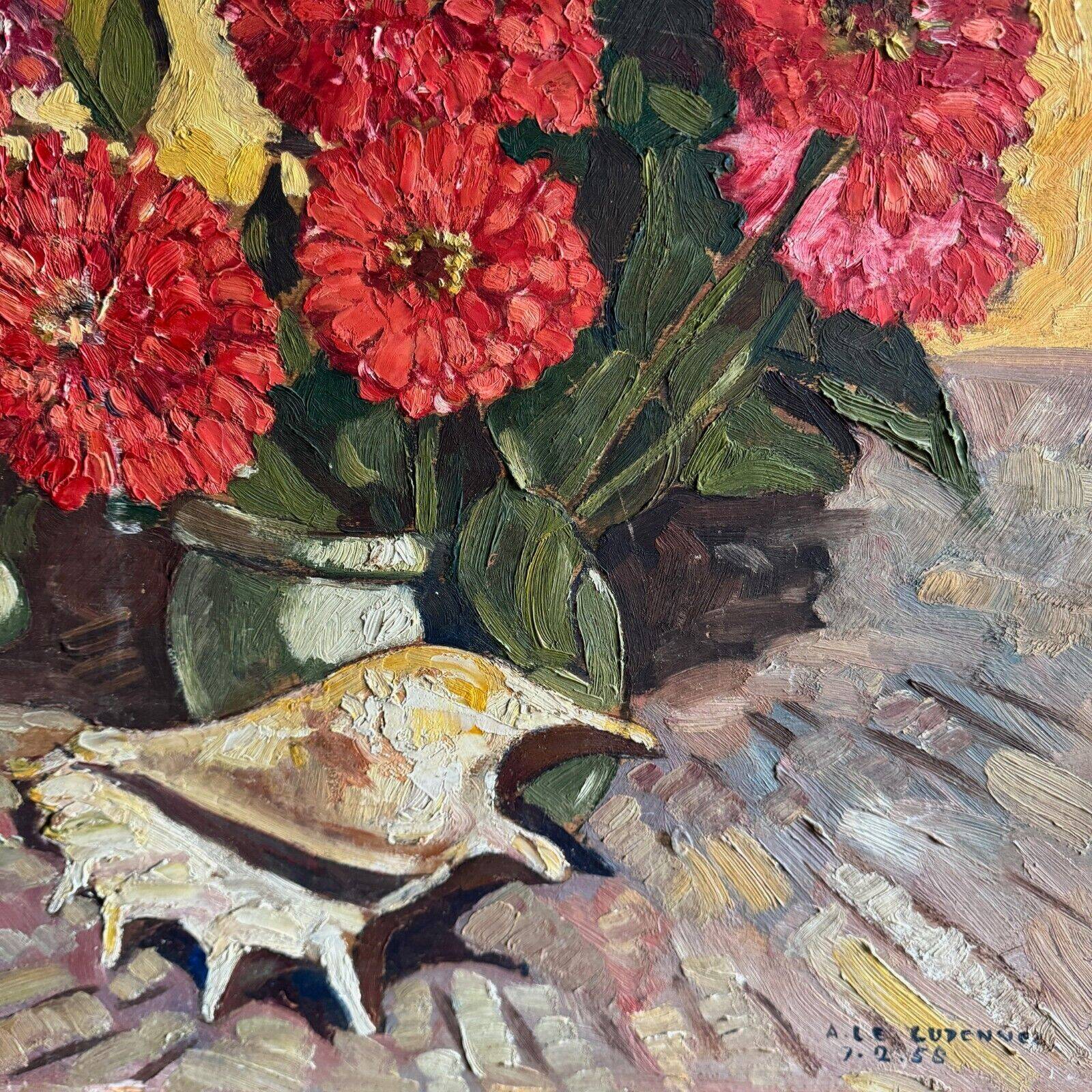 Oil on panel still life with flowers by A. Le Cudennec 1955