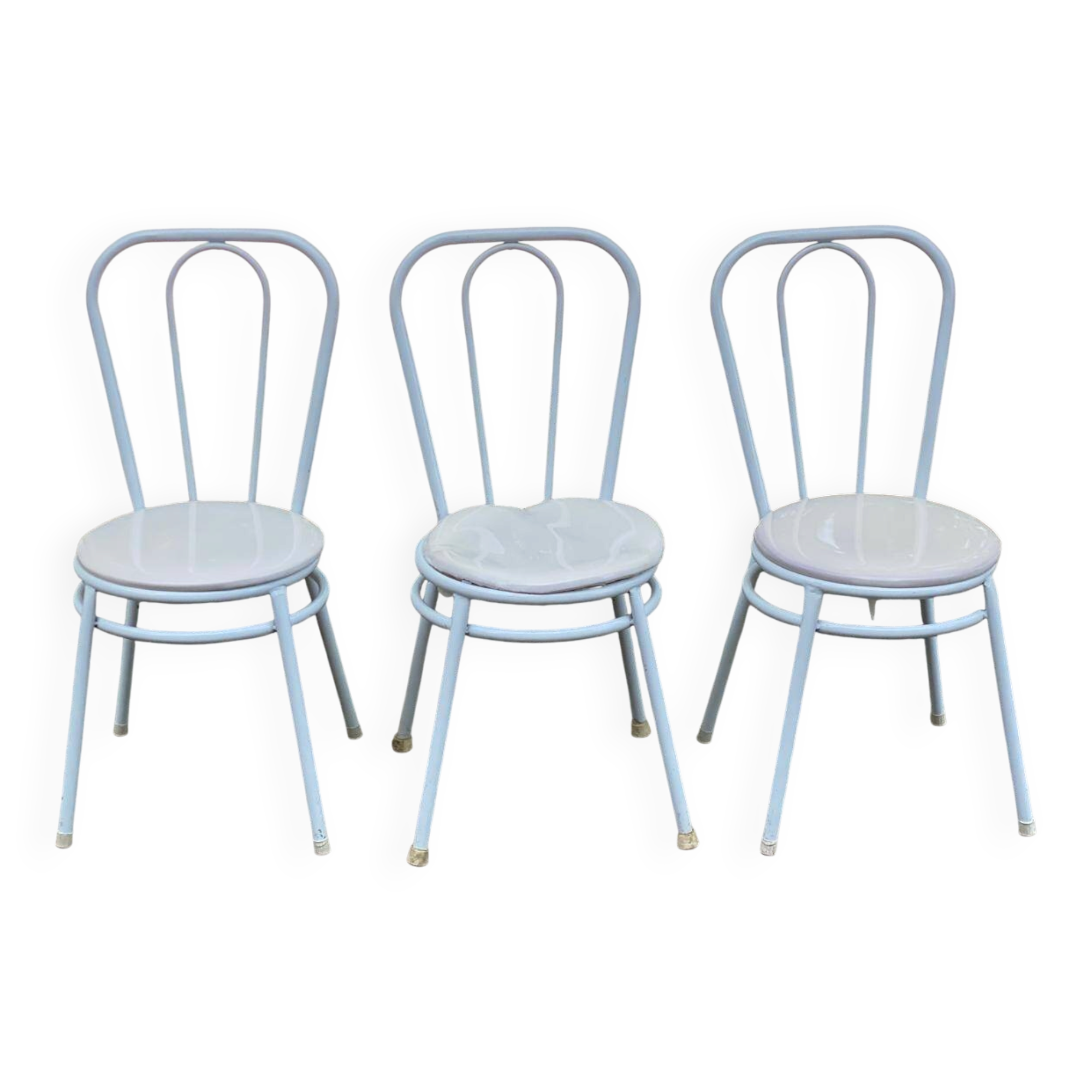 3 white steel and beige leather bistro chairs