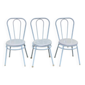 3 white steel and beige leather bistro chairs