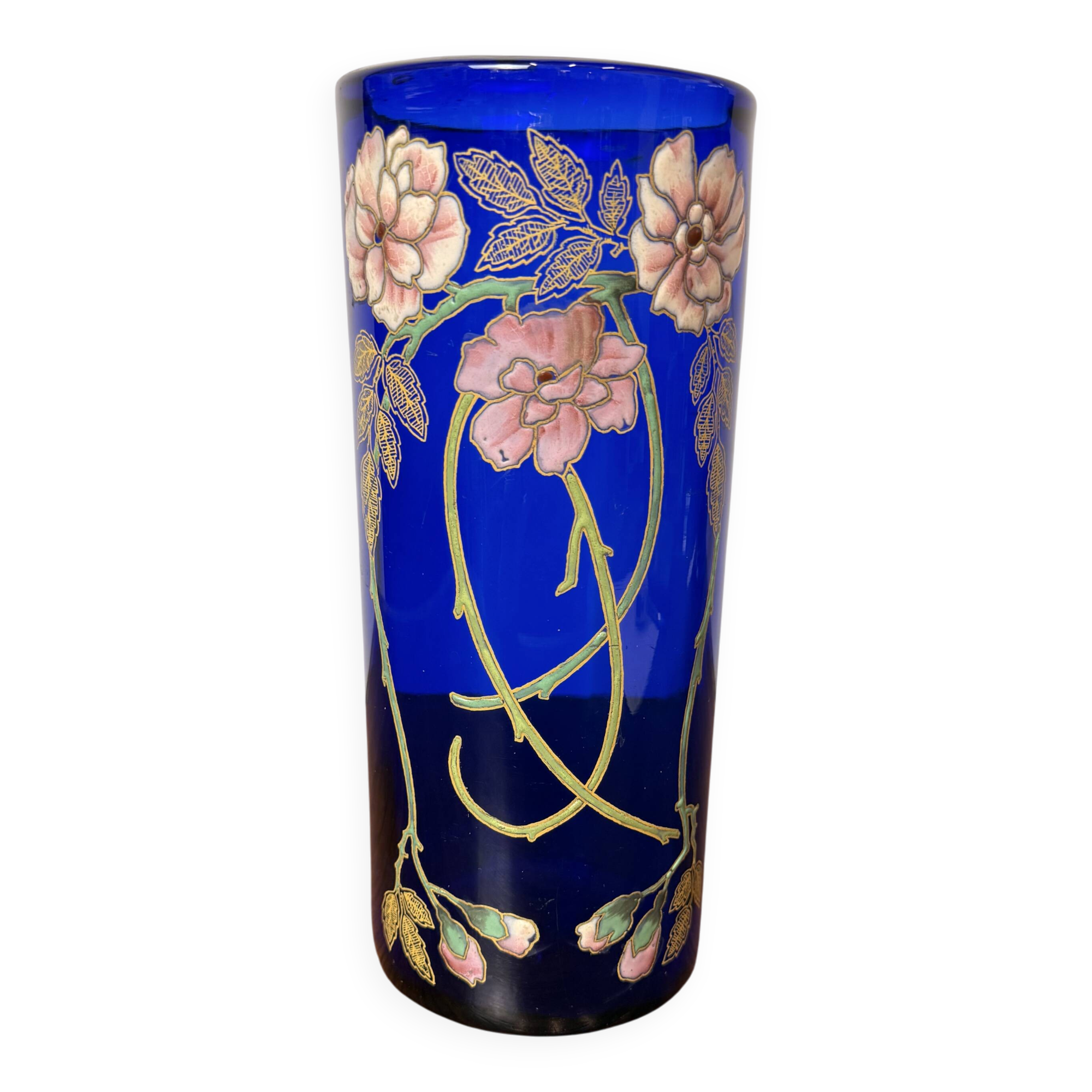 Antique Legras vase – Cobalt blue glass with floral enamel – Art Nouveau