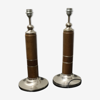 A pair of vintage oak and nickel/chrome  lamp bases