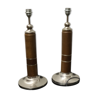 A pair of vintage oak and nickel/chrome  lamp bases