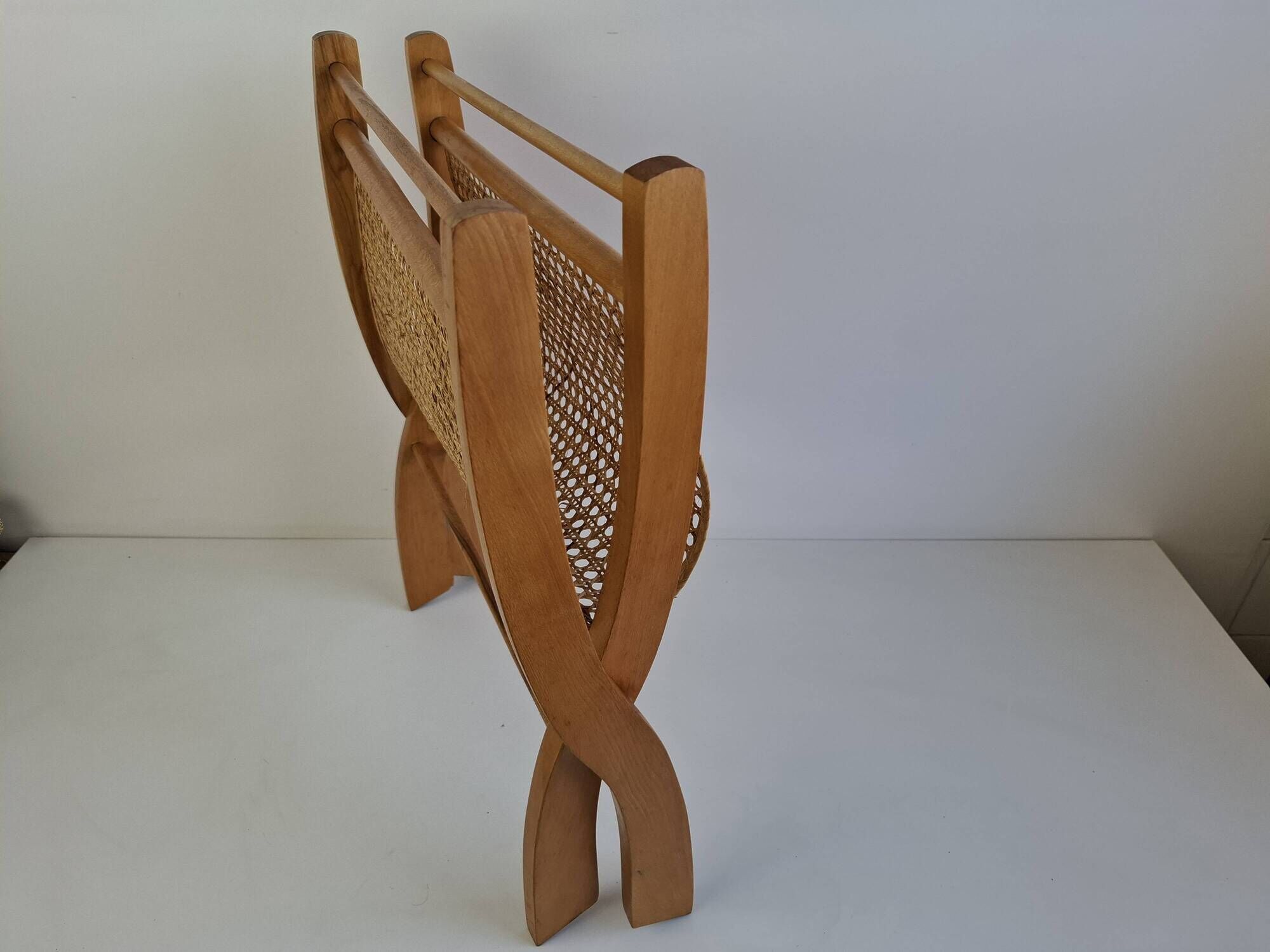 Vintage Mid-Century Wooden and Rattan Folding Magazine Rack, Czechoslovakia