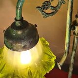 brass lamp with pretty antique patina and opaque green tulip, 58x25