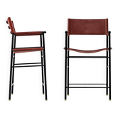 Pair of Classic Bar Stools with Cognac Leather Backrest and Black Rubberised Metal