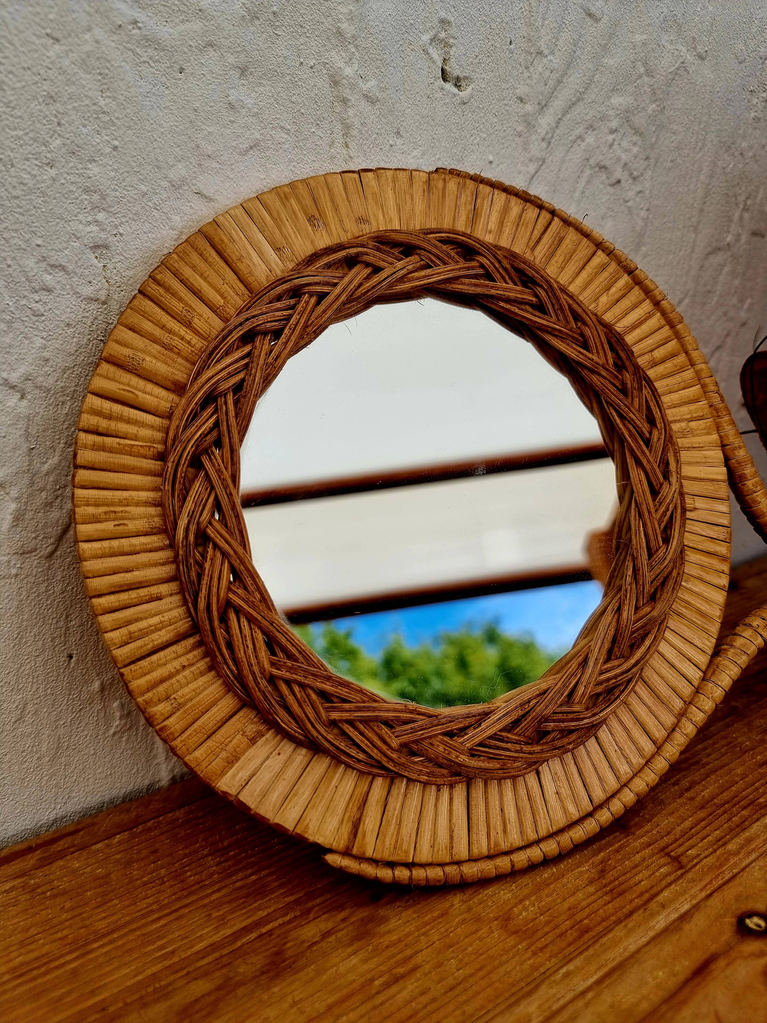 Vintage rattan hand mirror