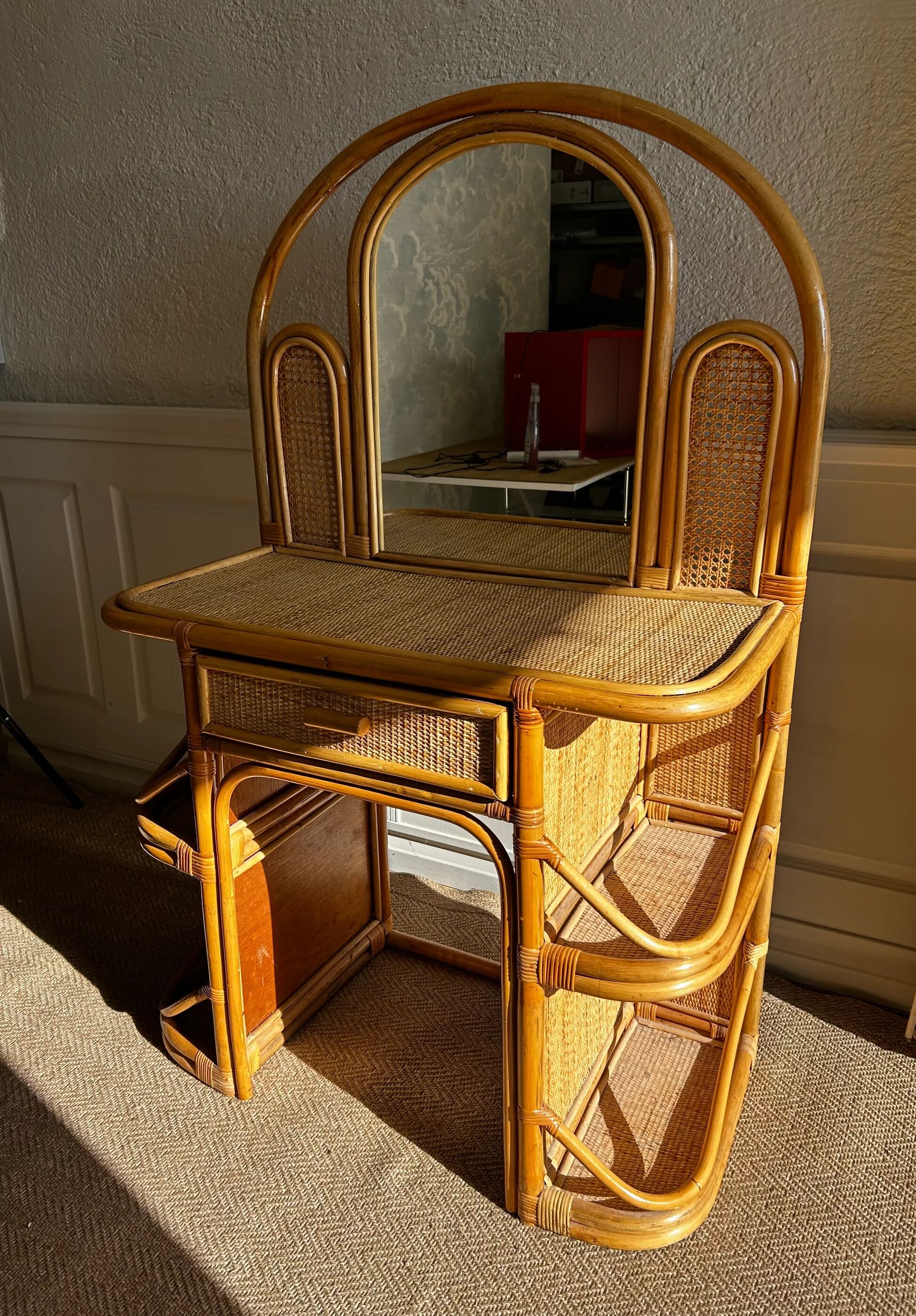 Bamboo and rattan vanity / dressing table with drawer and mirror, 1970s mid-century modern