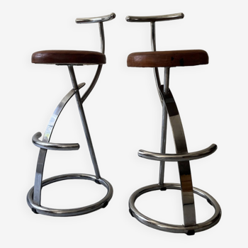 Bar stools in tubular chrome and tan leather, 1970s