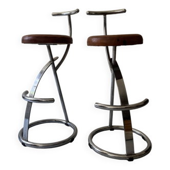 Tabourets de bar en chrome tubulaire et cuir fauve, 1970