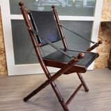 Colonial style folding leather and teak armchair