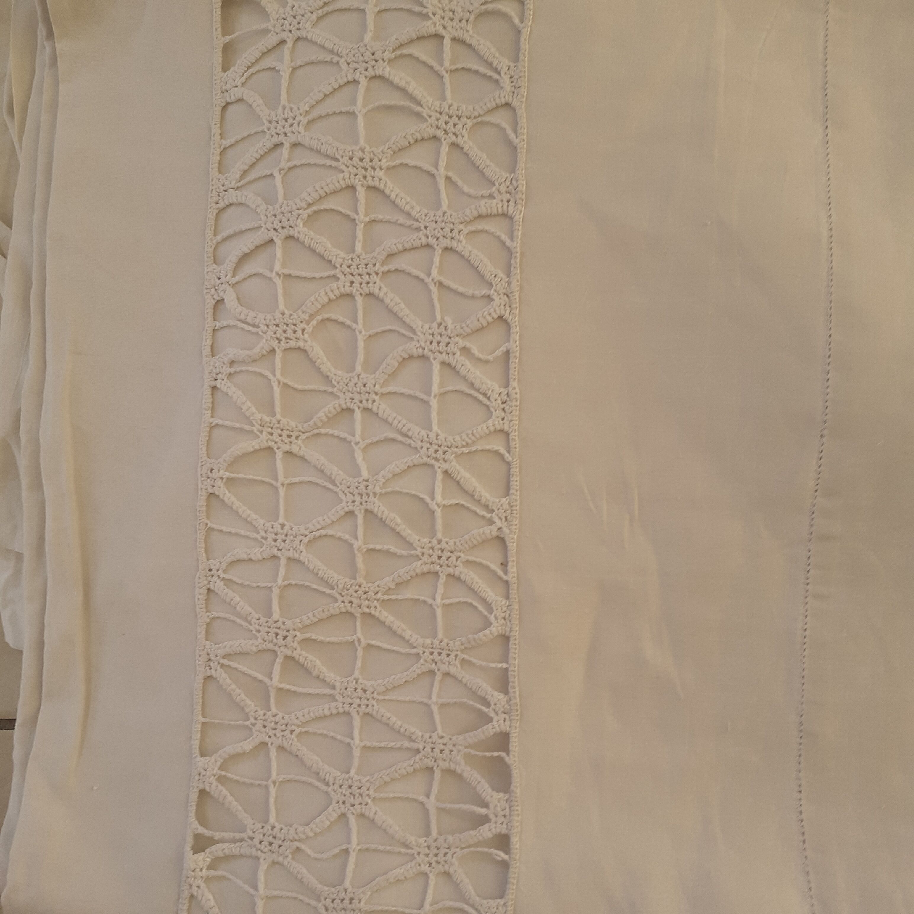 Pair of large thread sheets with handmade lace between two.