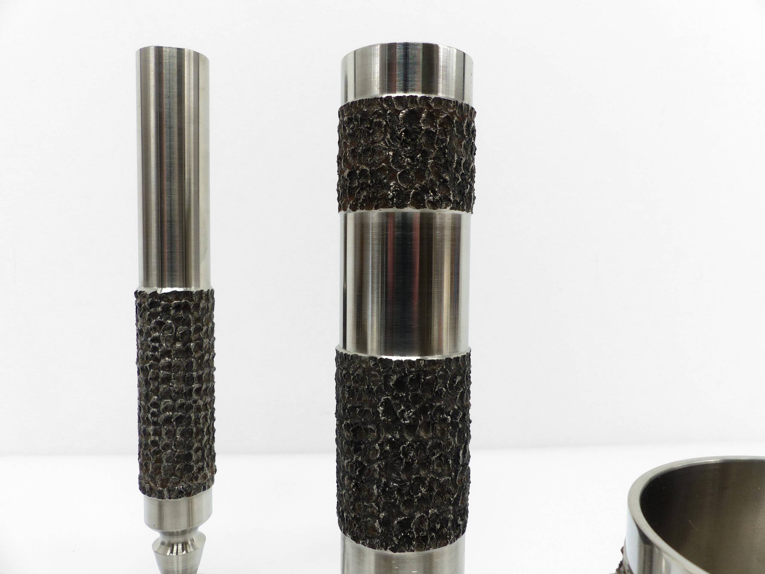 Set of 5 brutalist steel vases and bowls 1970