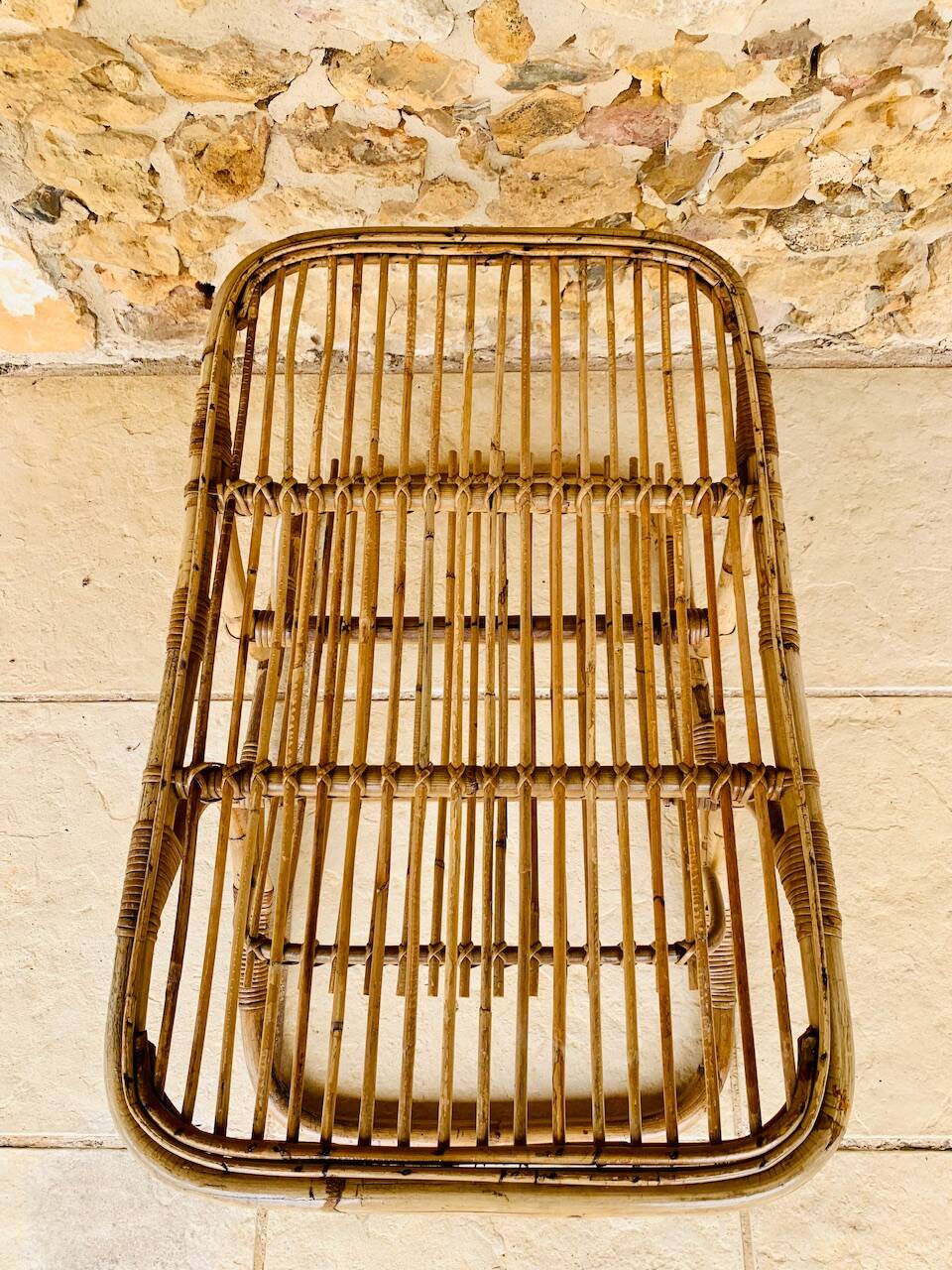 Table basse vintage en bambou et rotin dans le goût de Tito Agnoli, circa 1960