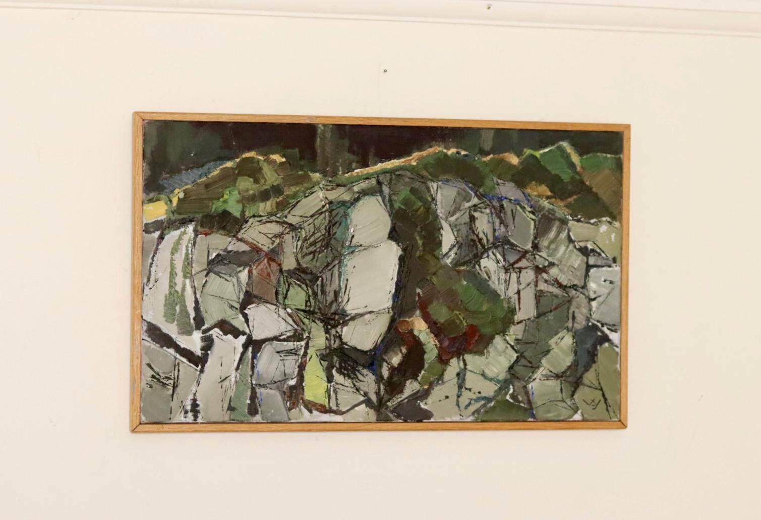 Swedish Oil On Canvas Painting "Composition in Green" - Vintage & Framed