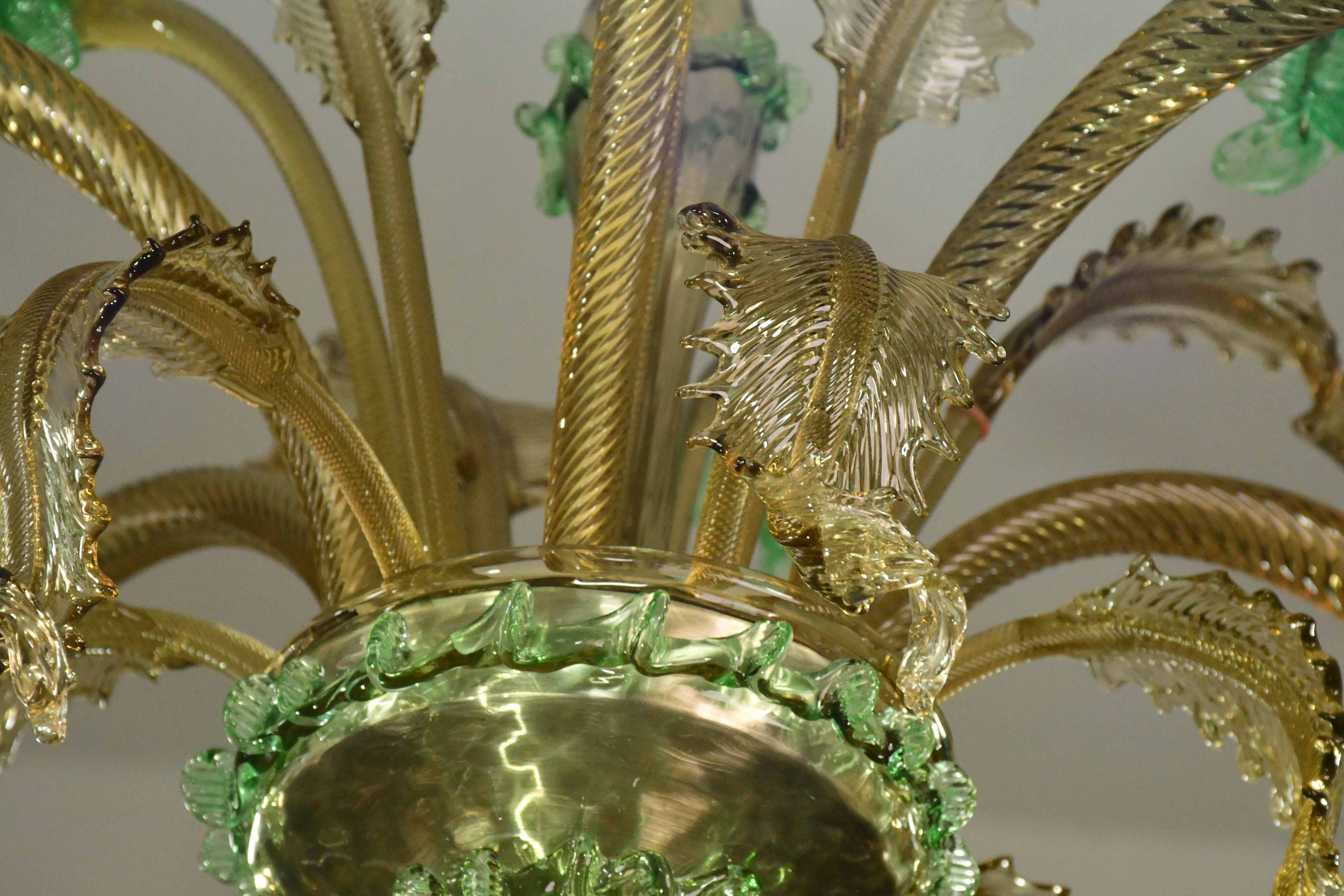 6 arms vintage Venetian chandelier, green Murano glass, 1950s