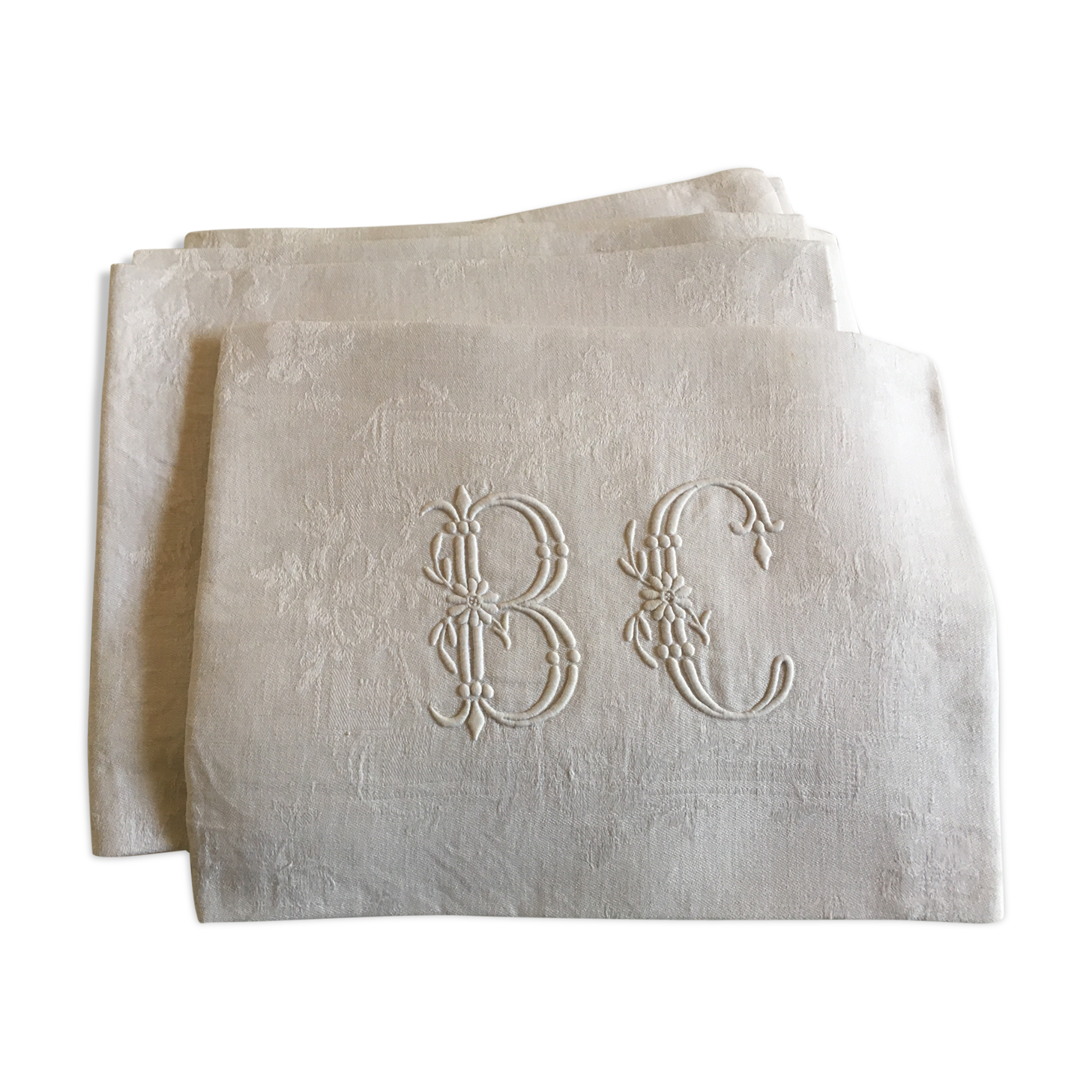 Set de 6 serviettes de lin damassé vers 1900 brodées BC
