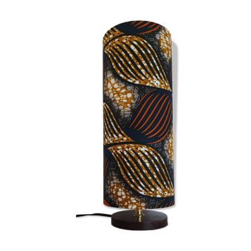 Lampe tube socle bois et tissu wax boho-ethnique